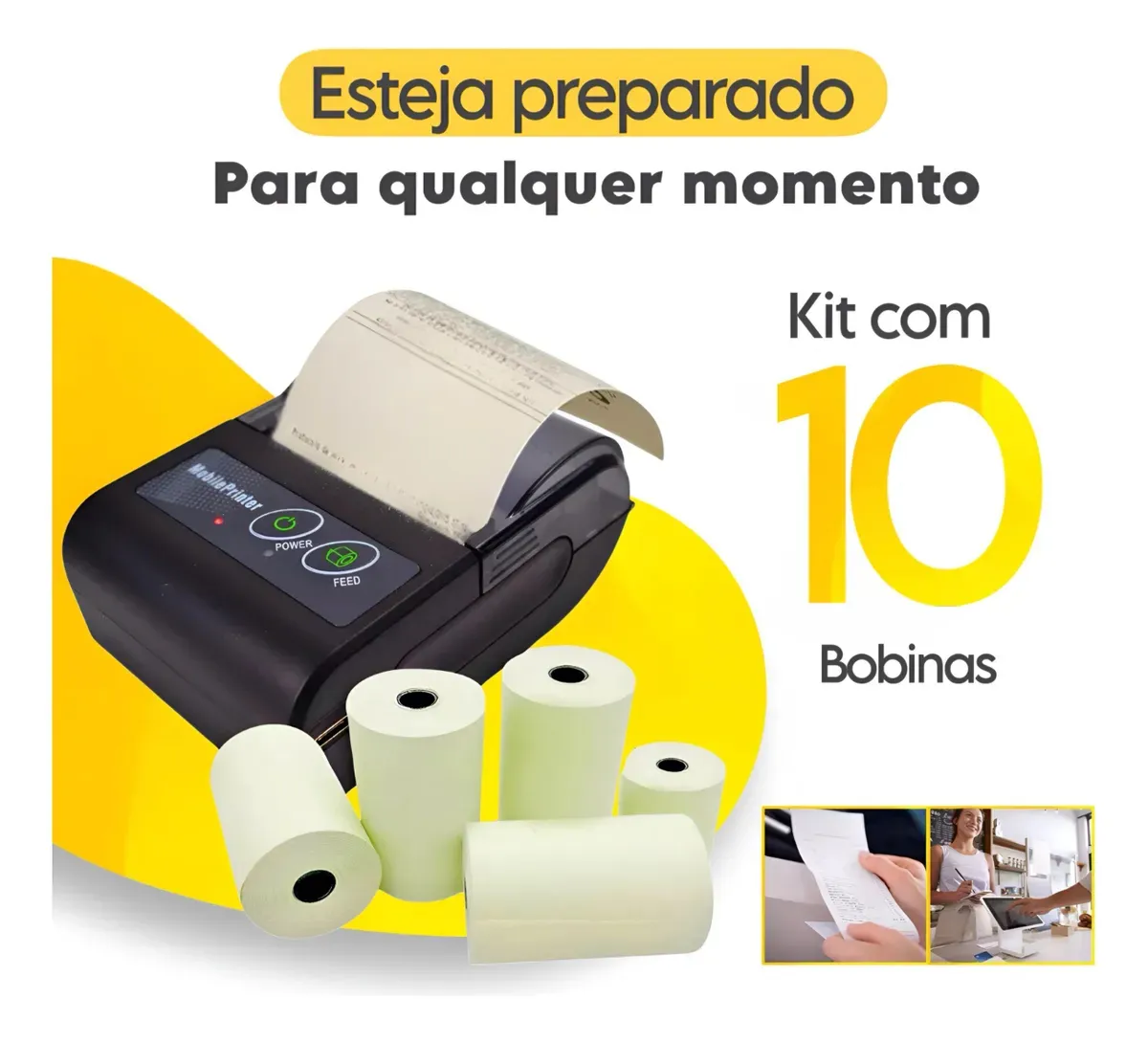 Mini Impressora Portatil Bluetooth Pequena Kit C/ 10 Bobinas Aplicativo Comanda Qr Code Iget