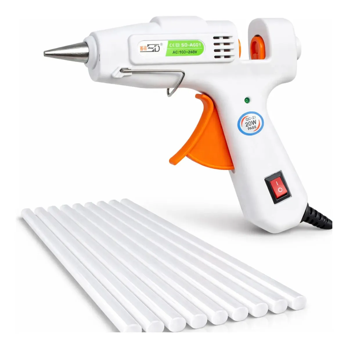 Kit Pistola Cola Quente 20W 7mm + 10 Bastões 30cm Bico Fino Liga Desliga Pronta Uso Artesanato