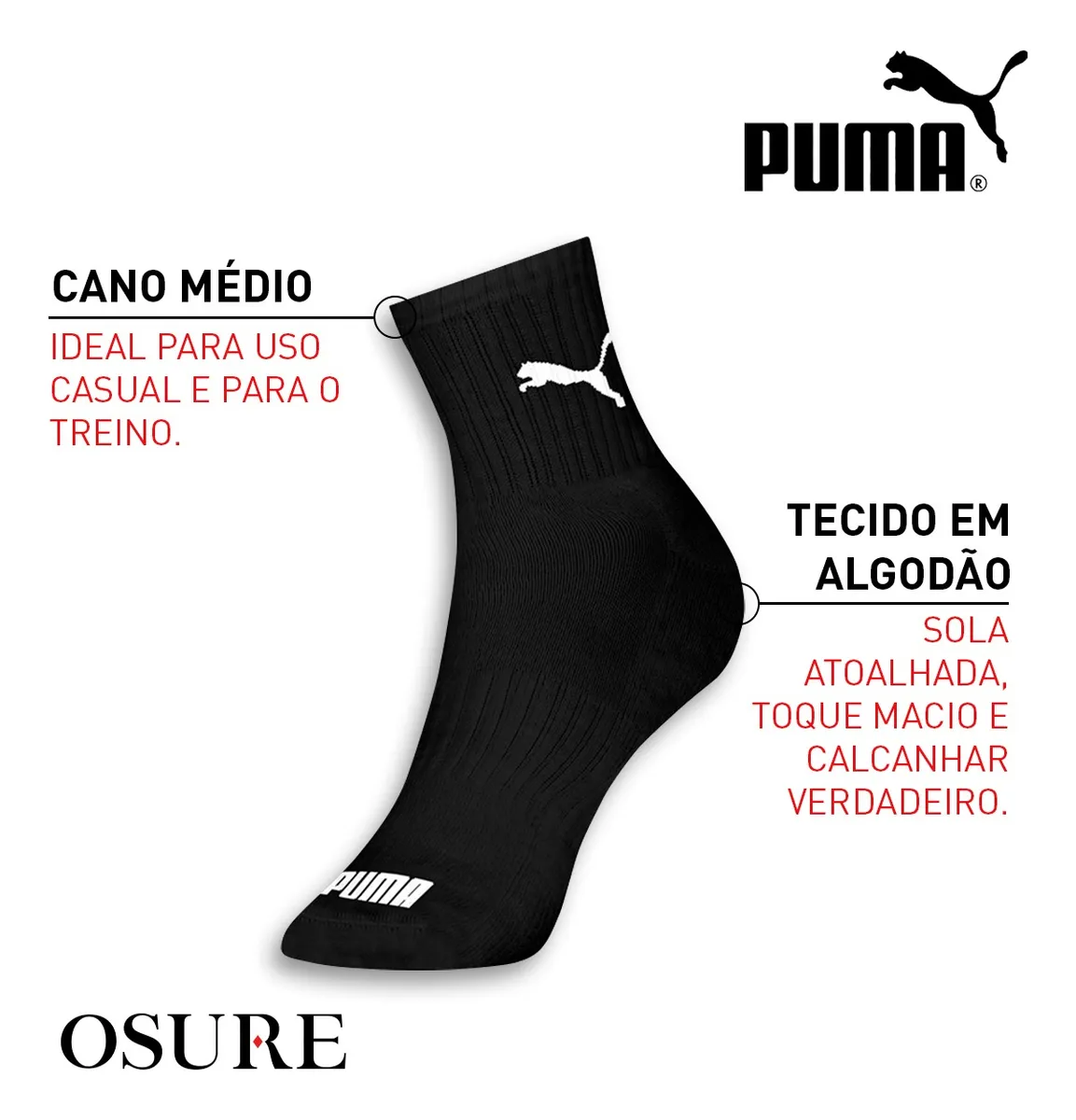 Kit 6 Pares Meias Puma Cano Médio Alto Atoalhada Original