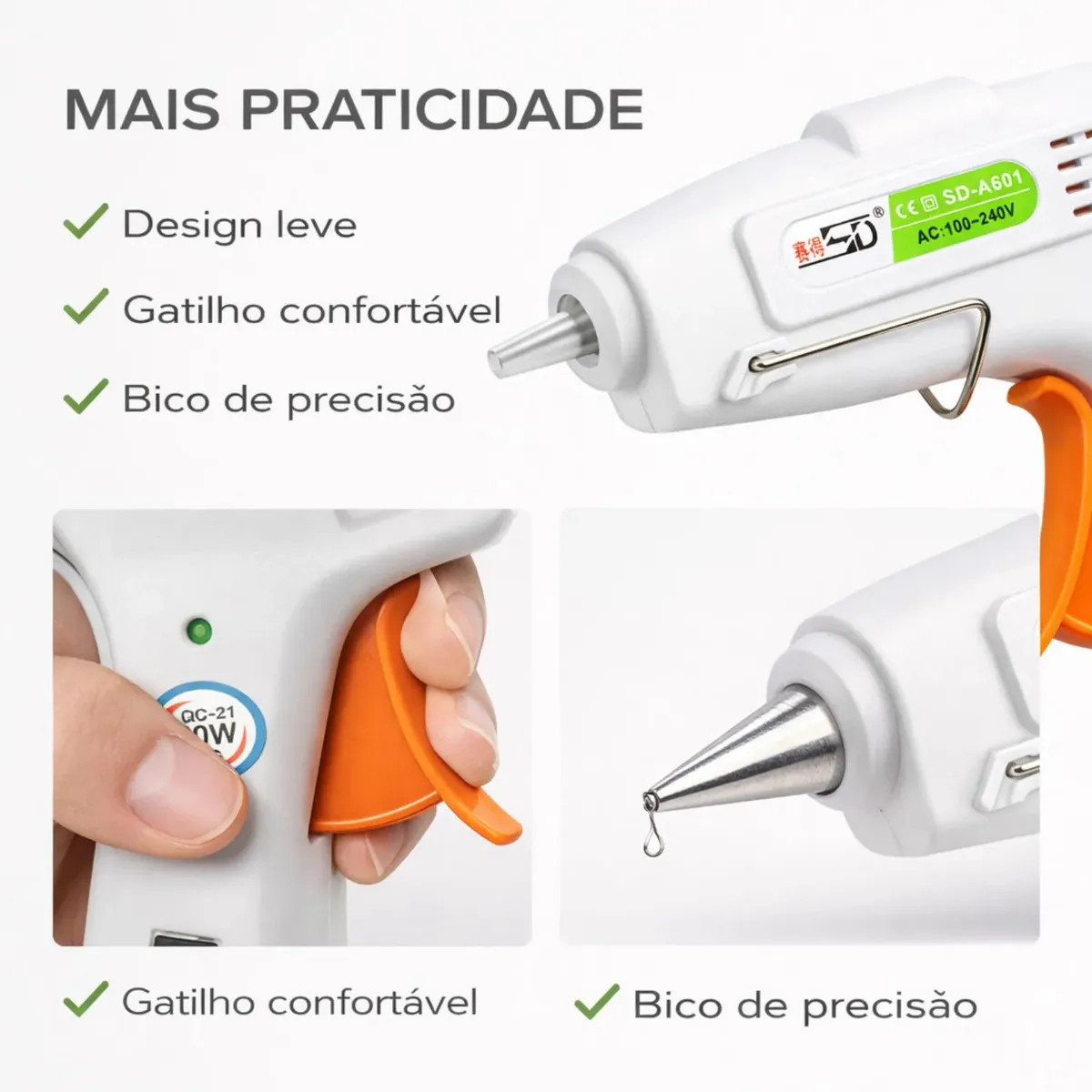 Kit Pistola Cola Quente 20W 7mm + 10 Bastões 30cm Bico Fino Liga Desliga Pronta Uso Artesanato