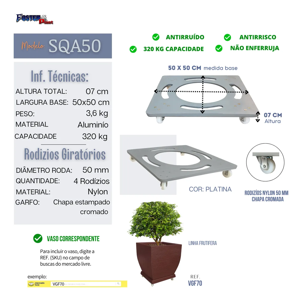 Base Suporte Vaso De Planta Aluminio Melhor Q Madeira 50x50