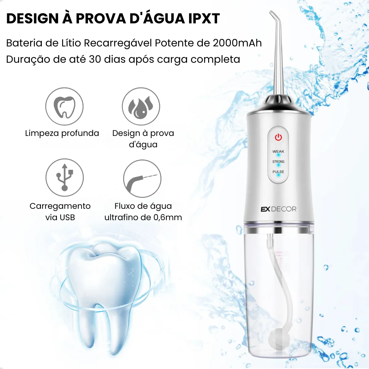 Irrigador Oral Elétrico EX Decor Portátil com 4 Bicos e 3 Modos Premium