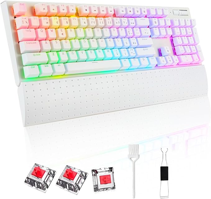 Teclado Mecânico com Iluminação LED RGB, Layout ANBT 2, Apoio de Pulso Magnético Removível, Teclado que Suporta Hot-swap de Soquetes，Switch Vermelho, Conexão USB (Branco)