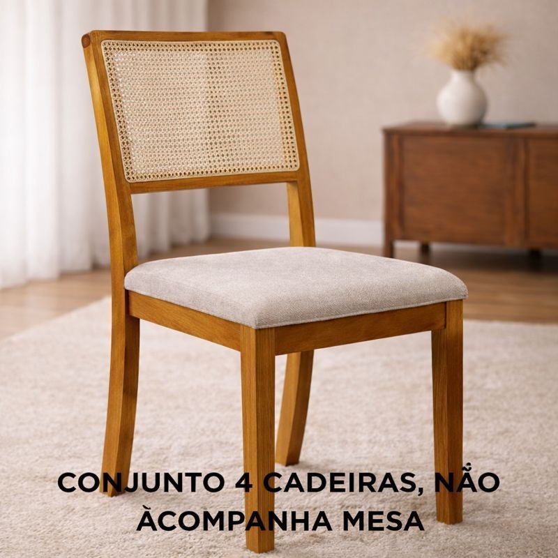 Kit 4 Cadeiras de Jantar Palha Estofada Linho Bege Encosto em Tela Sextavada Rubi Madeira Maciça Mel Bege