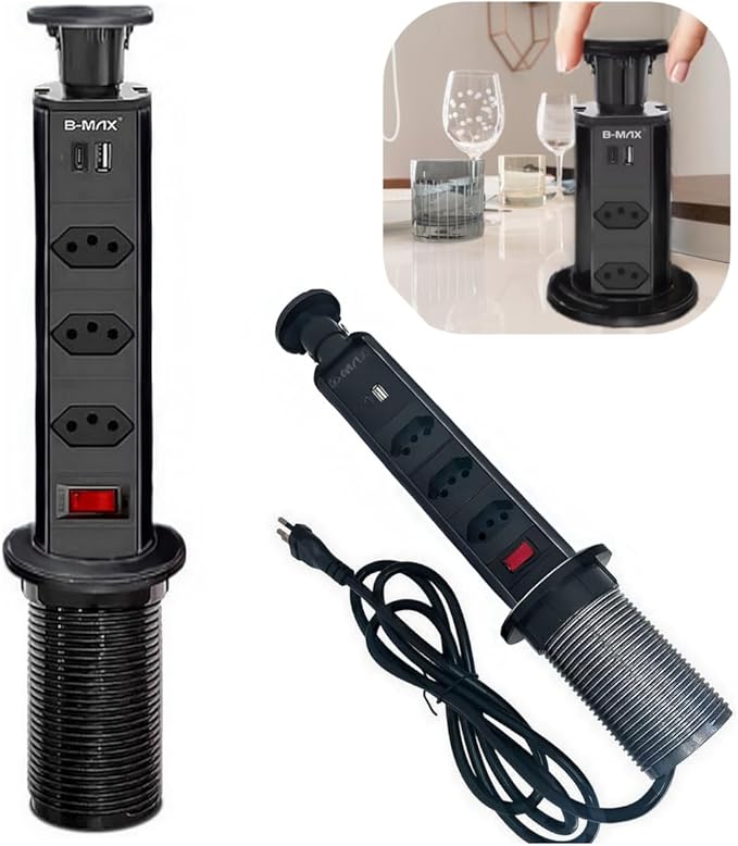 Torre De Tomadas Multiplug com 3 tomadas Usb + Usb C de Embutir Mesa Bancada escritorio (PRETA)