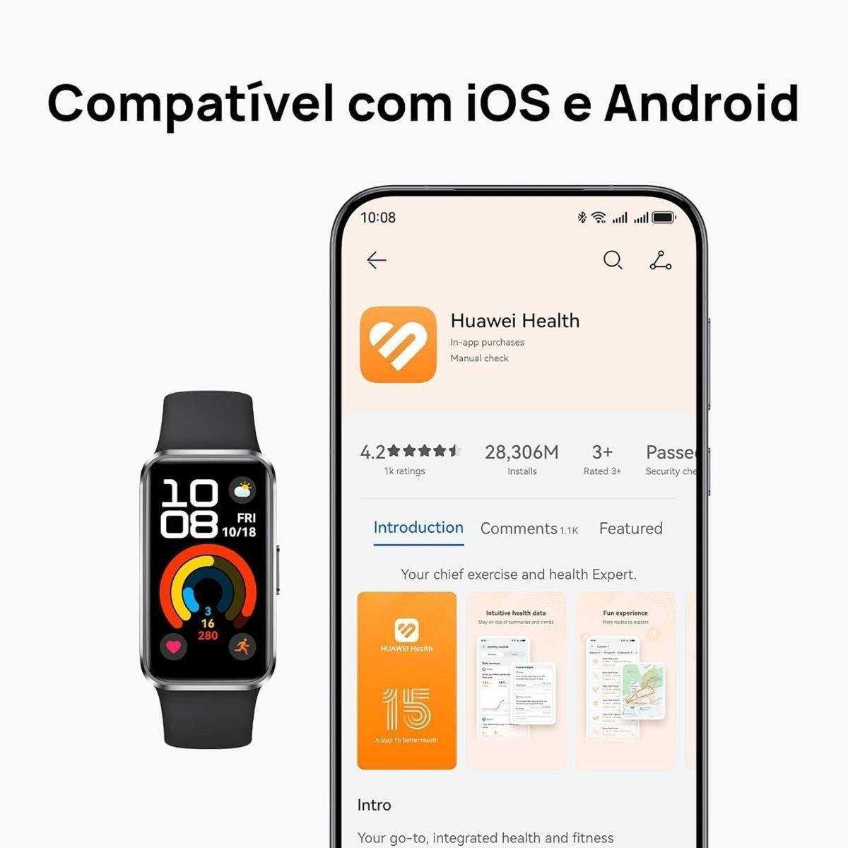 Smartband Huawei Band 10 Compatível com iOS e Android - Preto