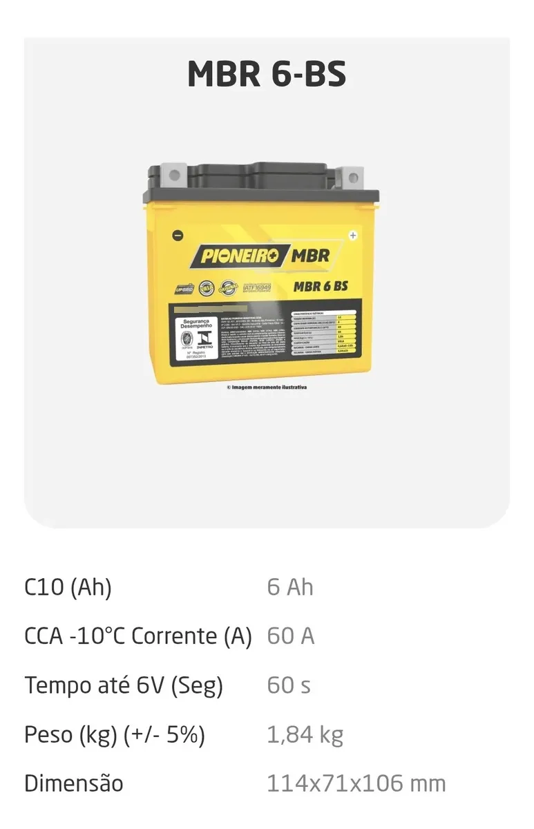 Bateria Mbr 6ah 125150 Cg Titan Biz Nxr Bros Fan Xre300