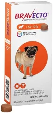 Bravecto® Cães 250mg - Antipulgas e Carrapatos - Cães de 4,5 a 10kg - 1 Comp. Mastigável - MSD Saúde Animal