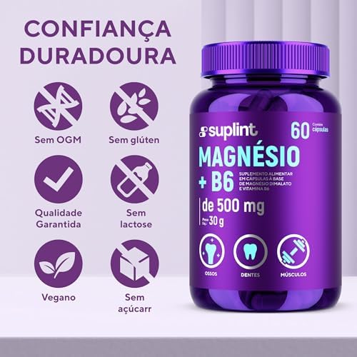 Magnésio Dimalato 1071 mg com Vitamina B6 – Suplemento de Magnésio Vegano | Sem Glúten e Sem OGM – 60 Cápsulas