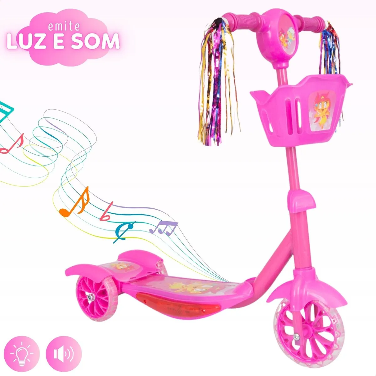 Patinete Infantil 3 Rodas Com Led Som E Cesta Menino Menina Cor Rosa