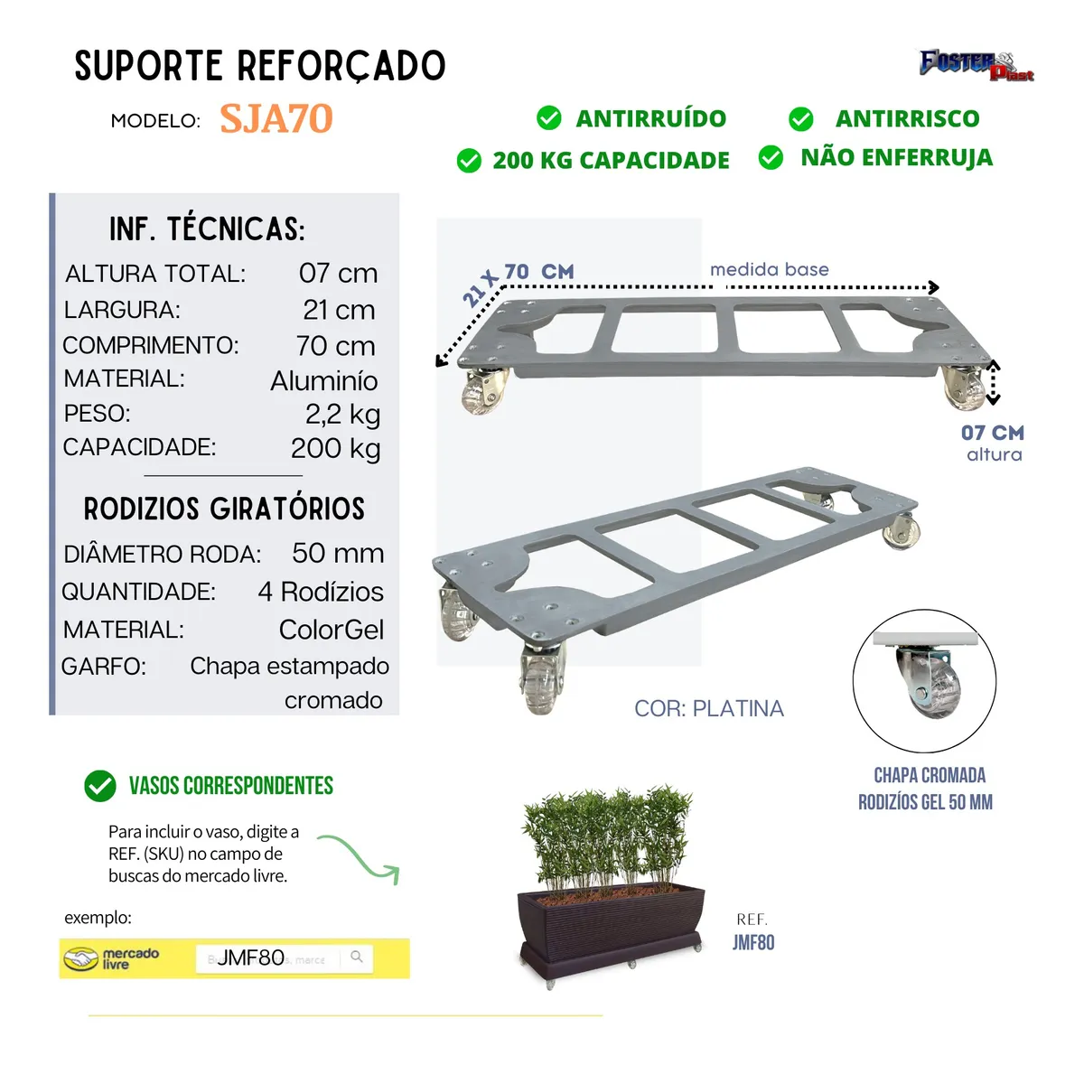 Suporte Retangular De Aluminio P/ Vaso De Planta Flor 70x21