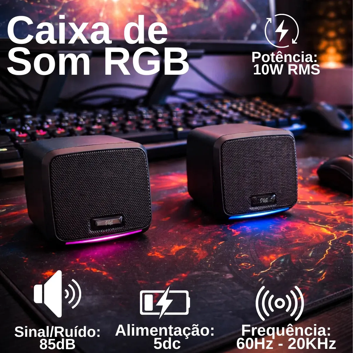 Caixa Caixinha De Som 10w Led Rgb Para Computador Gamer Pc Notebook Projetor Potente Subwoofer Portátil Alta Qualidade Usb P2 Cor Preto Digital Informática