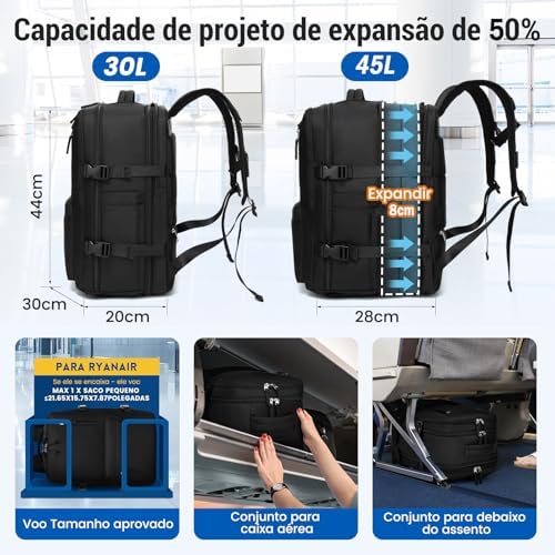 Mochila de Viagem Expansivel Grande Masculina Feminina,Mochila Avião Notebook Bolsa de Sapato,Executiva,Antifurto,Reforçada,USB,Impermeável,Escolar,Faculdade,Trabalho,Presente