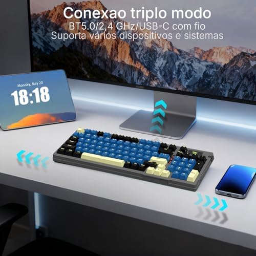 Hivento Teclado Mecânico, 2.4GHz/USB-C/BT5.0, Retroiluminação RGB,Teclado Sem Fio Hot-Swappable com Botões, Bateria 4000mAh, Teclas PBT, Interruptores Vermelhos