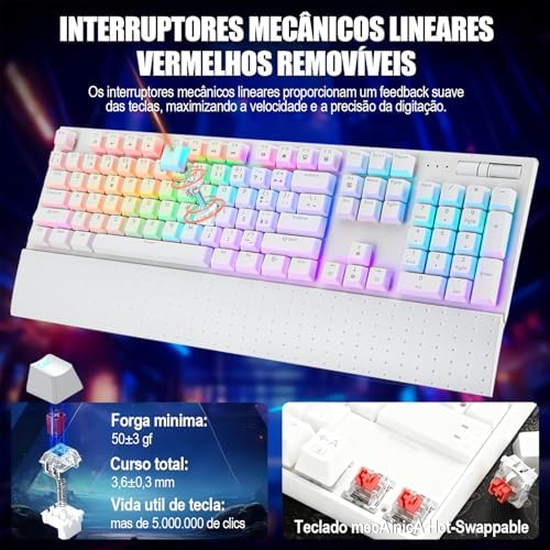 Teclado Mecânico com Iluminação LED RGB, Layout ANBT 2, Apoio de Pulso Magnético Removível, Teclado que Suporta Hot-swap de Soquetes，Switch Vermelho, Conexão USB (Branco)