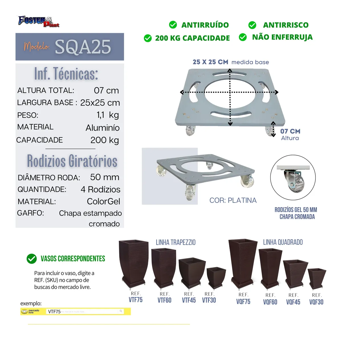 Suporte Aluminio P/ Prato Vaso Anti Risco Anti Ruido Q 25x25