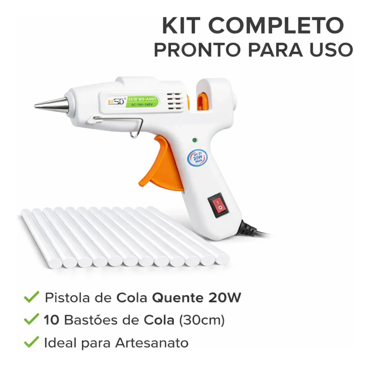 Kit Pistola Cola Quente 20W 7mm + 10 Bastões 30cm Bico Fino Liga Desliga Pronta Uso Artesanato