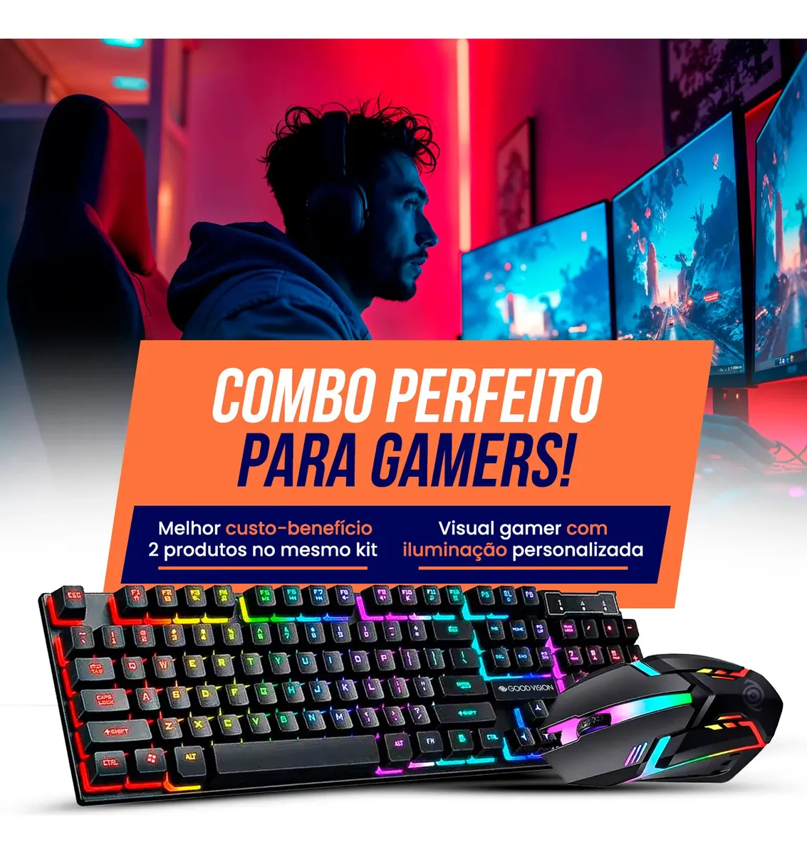 Kit Teclado Mouse Gamer Completo Barato Com Fio Cabo De 1,5m Led Com Iluminação Rgb Desktop Conexão Usb Cor Preto Usar Com Headset Acessorios Pc Mecanico Jogos - Goodvision