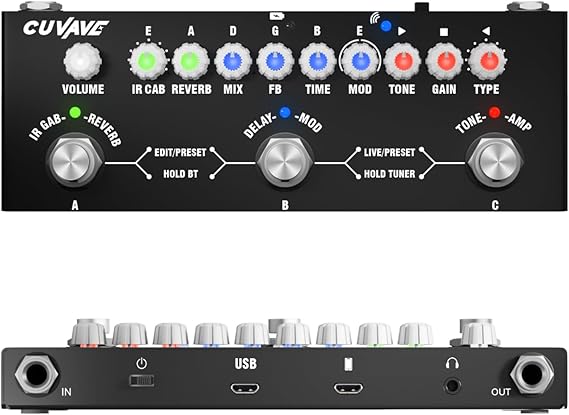 M-VAVE CUBE BABY VEDO Pedal de Efeitos para Guitarra Multifuncional e Portátil com Bateria Interna, 9 Modelos de Amplificador, Modulação Chorus/Phaser, Delay, Reverb, 8 Simulações de IR CAB