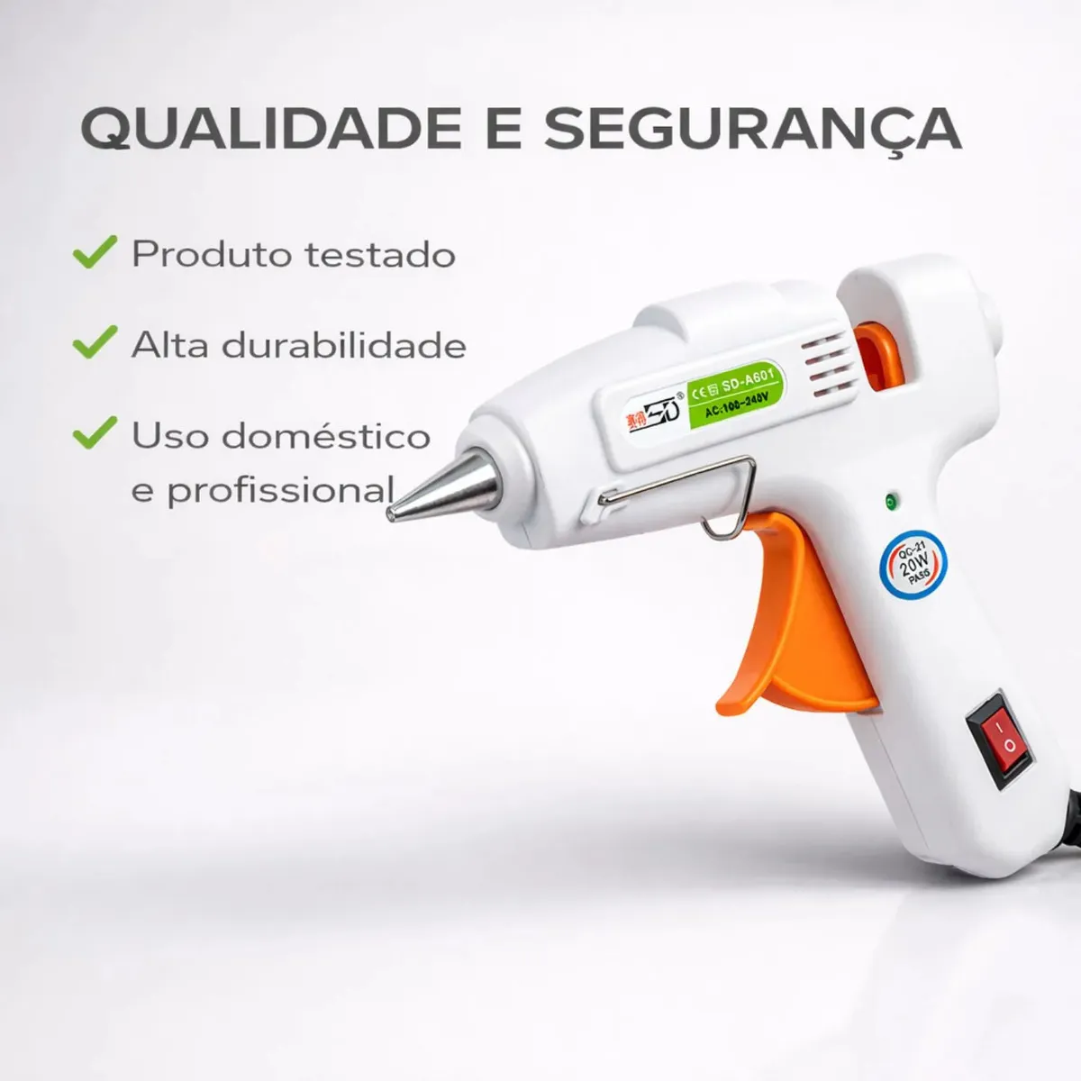 Kit Pistola Cola Quente 20W 7mm + 10 Bastões 30cm Bico Fino Liga Desliga Pronta Uso Artesanato