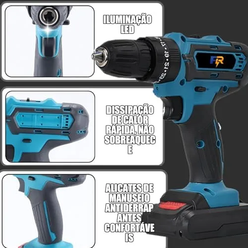 Furadeira e Parafusadeira 48V 1.3Ah Azul, Torque 35Nm, Kit Doméstico com 1 Bateria, Acessórios e Ponta Dupla, Maleta Inclusa