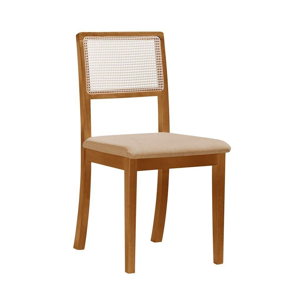 Kit 4 Cadeiras de Jantar Palha Estofada Linho Bege Encosto em Tela Sextavada Rubi Madeira Maciça Mel Bege