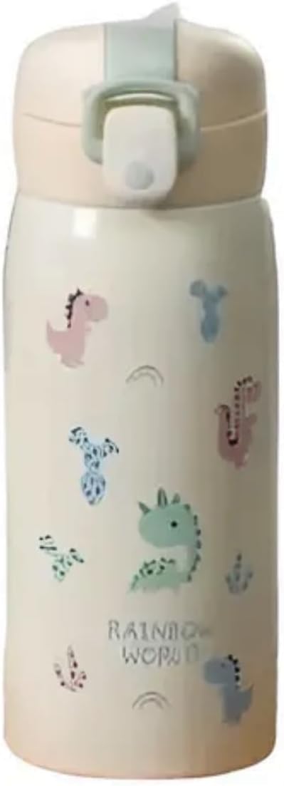 Garrafa Térmica Garrafinha Térmica Infantil Inox Canudo Trava 350 ml - Desenho dinossauro Coelho Carneiro Panda - TYDA (DINO VERDE CLARO)