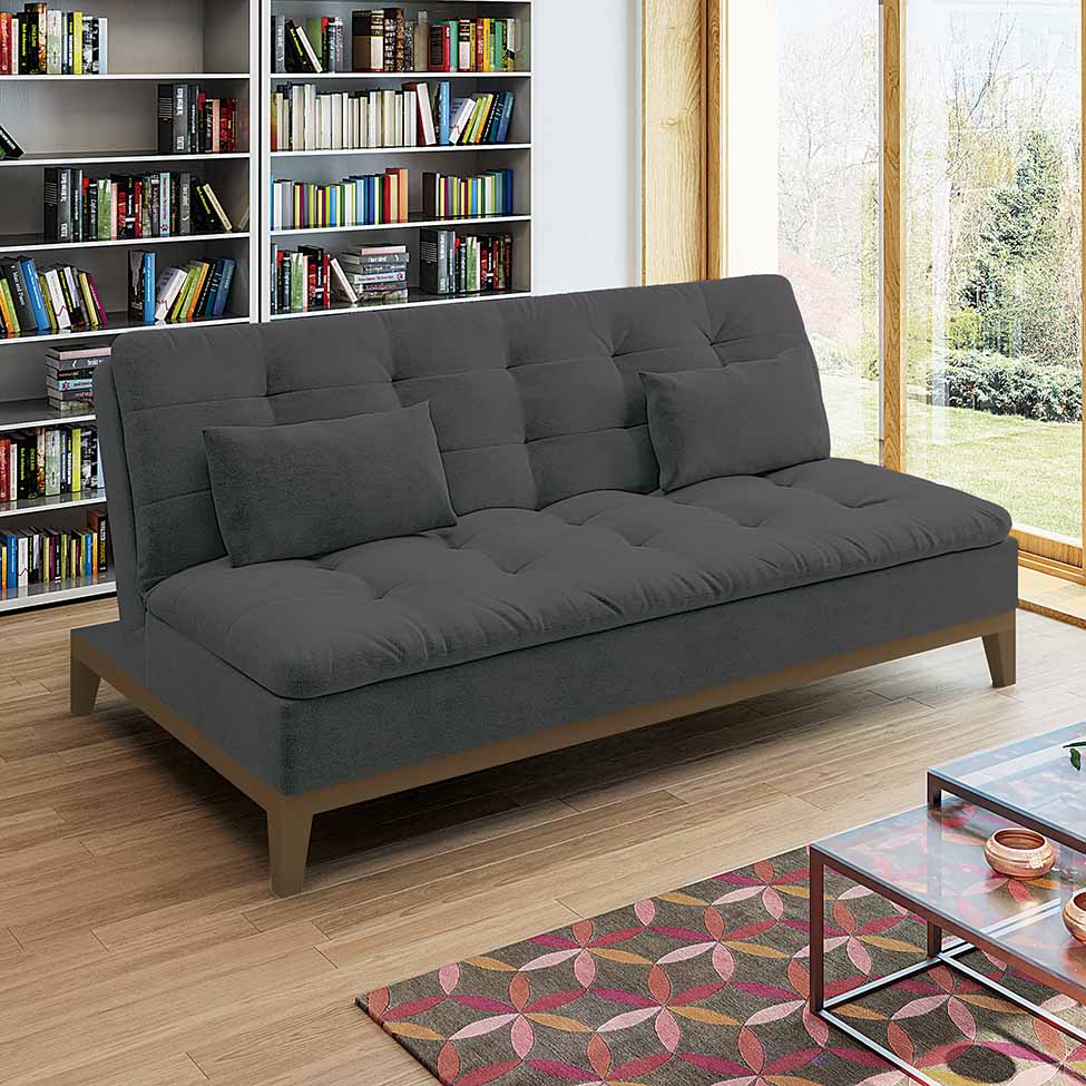 Sofá-Cama 3 Lugares Casal Premium Base e Pés de Madeira Suede Cinza