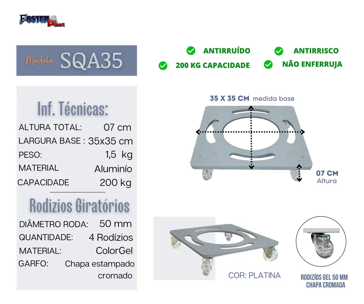 Suporte Vaso Apoio Aluminio Rodinha + Forte Q Madeira 35x35