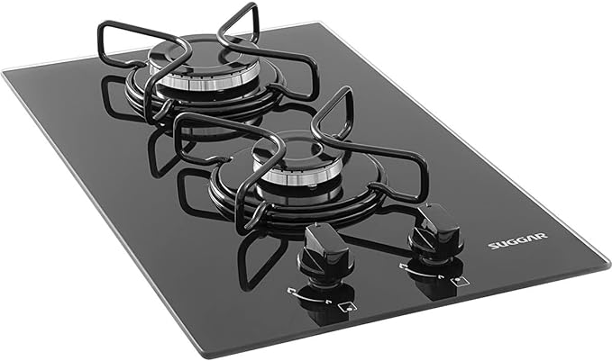 SUGGAR COOKTOP A GÁS VIDRO PRETO 2 QUEIMADORES ESMALTADOS DIFERENTES TAMANHOS FG2002AVP