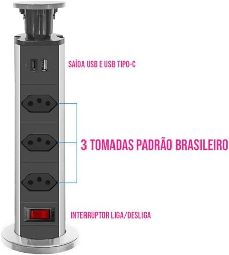 Torre De Tomadas Multiplug com 3 tomadas Usb + Usb C de Embutir Mesa Bancada escritorio (PRETA)
