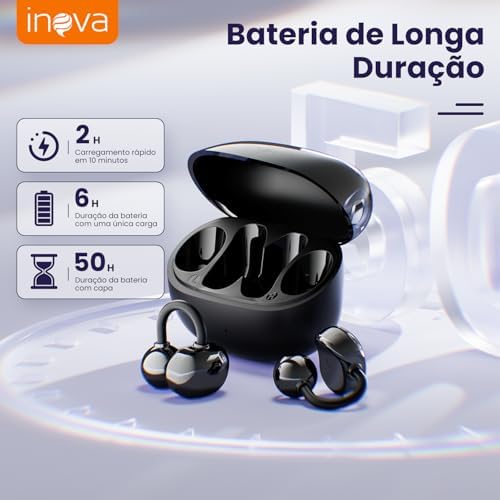 INAVA Fone de Ouvido de Nova Geração,Bluetooth 6.0,50h de Autonomia,À Prova d'Água IPX6,Microfone ENC,Conforto Leve para Esportes,Orelhas Pequenas e Óculos (Preto)