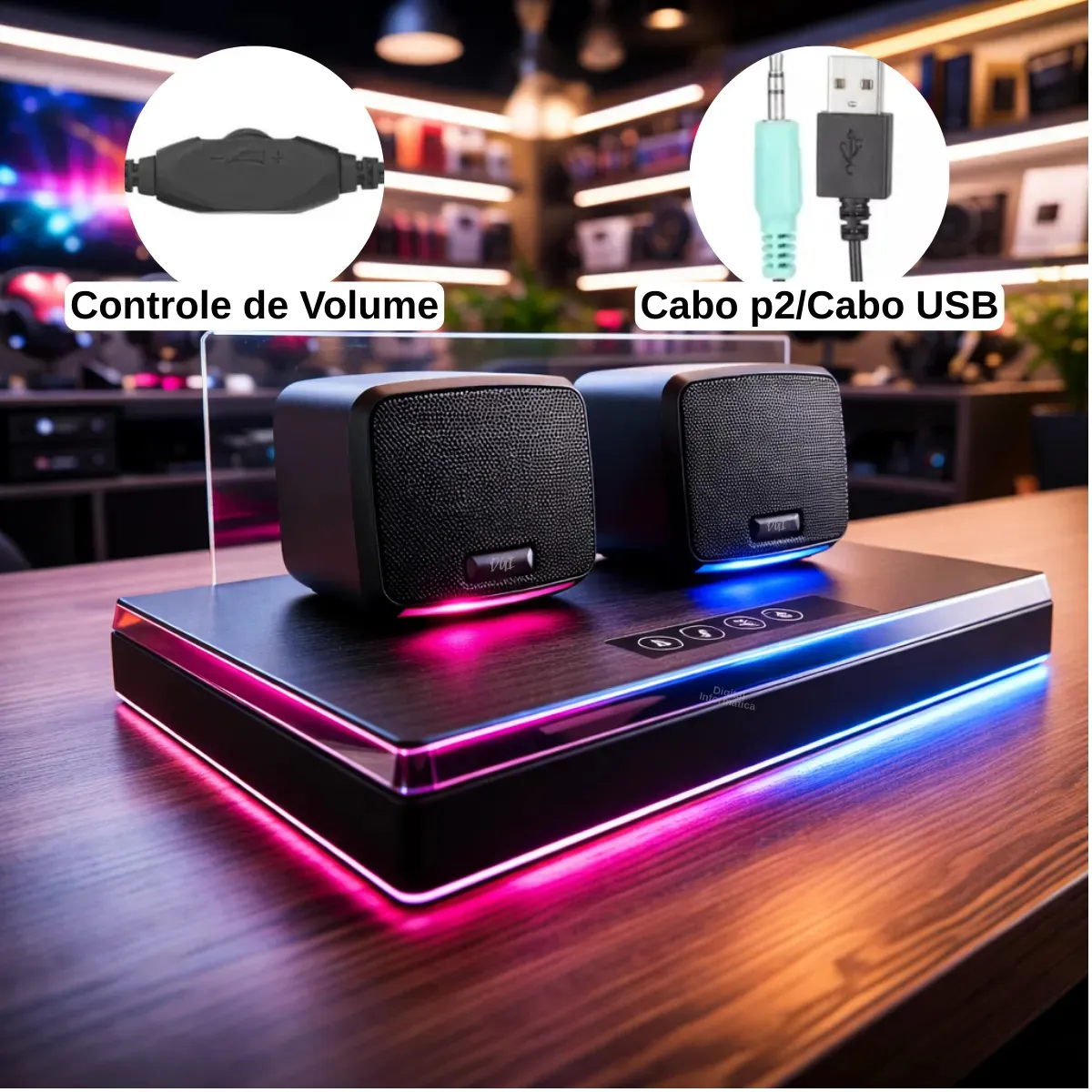 Caixa Caixinha De Som 10w Led Rgb Para Computador Gamer Pc Notebook Projetor Potente Subwoofer Portátil Alta Qualidade Usb P2 Cor Preto Digital Informática