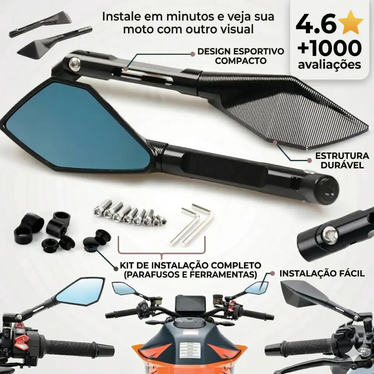 Kit Retrovisor Esportivo Aluminio Preta Moto Fazer Ys 250