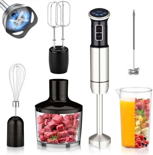 6 em 1 mixer de mão, 1000W, 8 velocidades, Exibição digital LCD, Vem com um copo de 860 ml, Triturador de 600 ml, Batedor de aço inoxidável com 4 pás, Adequado para sopas, smoothies e purés(127V)