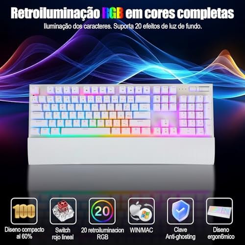 Teclado Mecânico com Iluminação LED RGB, Layout ANBT 2, Apoio de Pulso Magnético Removível, Teclado que Suporta Hot-swap de Soquetes，Switch Vermelho, Conexão USB (Branco)