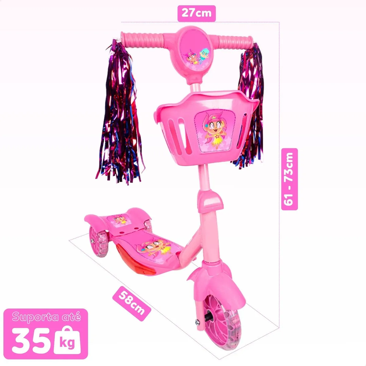 Patinete Infantil 3 Rodas Com Led Som E Cesta Menino Menina Cor Rosa