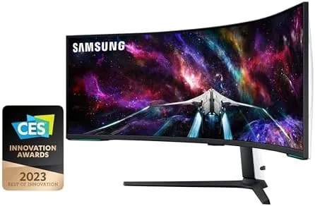 Monitor Gamer Samsung Odyssey 57" Mini LED, DUHD, 240Hz, 1ms, tela super ultrawide, HDMI, Display Port, USB, Freesync Premium Pro, com ajuste de altura, branco, série Neo G9
