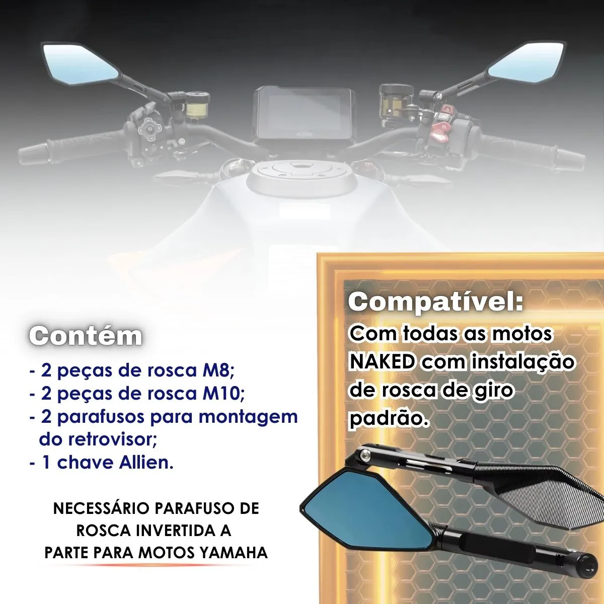 Kit Retrovisor Esportivo Aluminio Preta Moto Fazer Ys 250