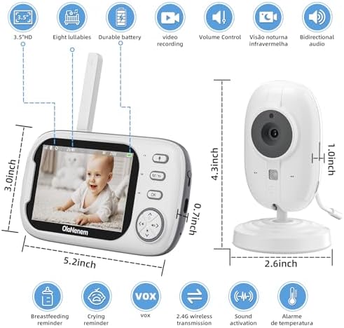 Baba Eletronica Câmera sem internet, 3.5" Monitor de Bebe, 2 Way Audio, Visão Nocturna,Zoom Digital,Visão Noturna Automática Baby,VOX, Monitoramento Temperatura,Canção de Ninar
