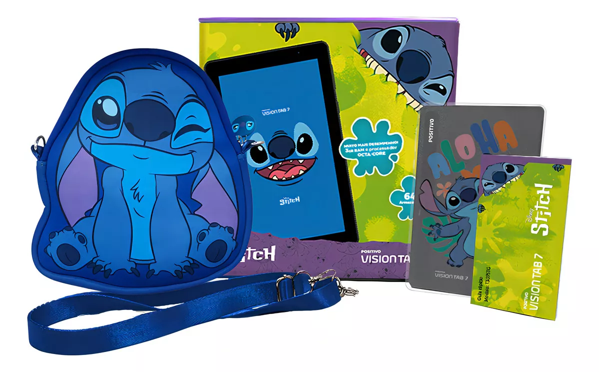 Tablet Infantil Stitch Positivo Vision Tab 7 - Processador Octa-Core 3GB RAM 64GB Armazenamento, Tela 7 IPS, Bateria 3100mAh, Android 14 GO, Wi-Fi - Inclui Capa de Proteção e Capa de Transporte