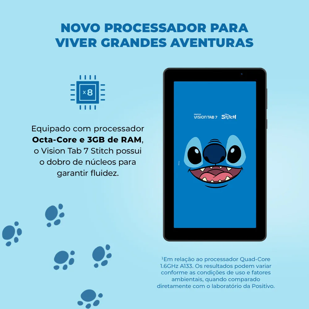 Tablet Infantil Stitch Positivo Vision Tab 7 - Processador Octa-Core 3GB RAM 64GB Armazenamento, Tela 7 IPS, Bateria 3100mAh, Android 14 GO, Wi-Fi - Inclui Capa de Proteção e Capa de Transporte