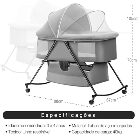 PIPDIP Berço Portátil Para Bebês, Co-bed, Infantil, Até 5 Meses de Idade, De 0 a15kg, Ergonômico, Trava nas Rodinhas, Cinza.