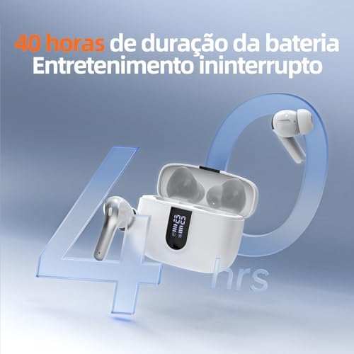 Fone de Ouvido Sem Fio Bluetooth, 40H de Reprodução com Display LED, Intra-Auricular, Cancelamento de Ruído, IPX5, 3 Tamanhos Tampões Ouvido Intercambiáveis, Som Estéreo (Branco)