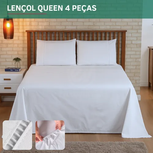 Kit Jogo De Cama Queen 4 Peças Percal 400 Fios Fronha E Elástico Toque Macio Confortável Hotel Cor Branco Premium