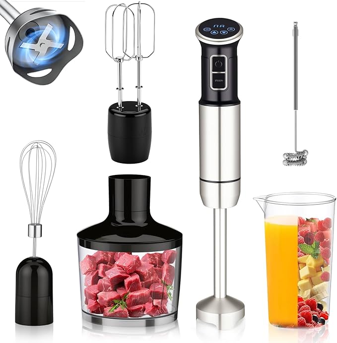 6 em 1 mixer de mão, 1000W, 8 velocidades, Exibição digital LCD, Vem com um copo de 860 ml, Triturador de 600 ml, Batedor de aço inoxidável com 4 pás, Adequado para sopas, smoothies e purés(127V)