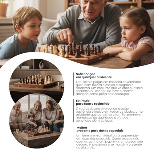 Jogo Xadrez Clássico Profissional Grande Luxo Tabuleiro Peças 100% Madeira Reflorestada Acabamento em Verniz com Rainhas Extras