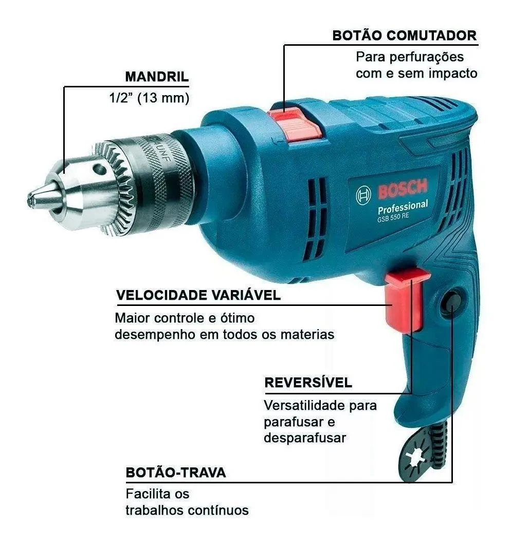 Furadeira Impacto 1/2 Pol 550w Gsb550 Re Kit 14 Brocas Bosch