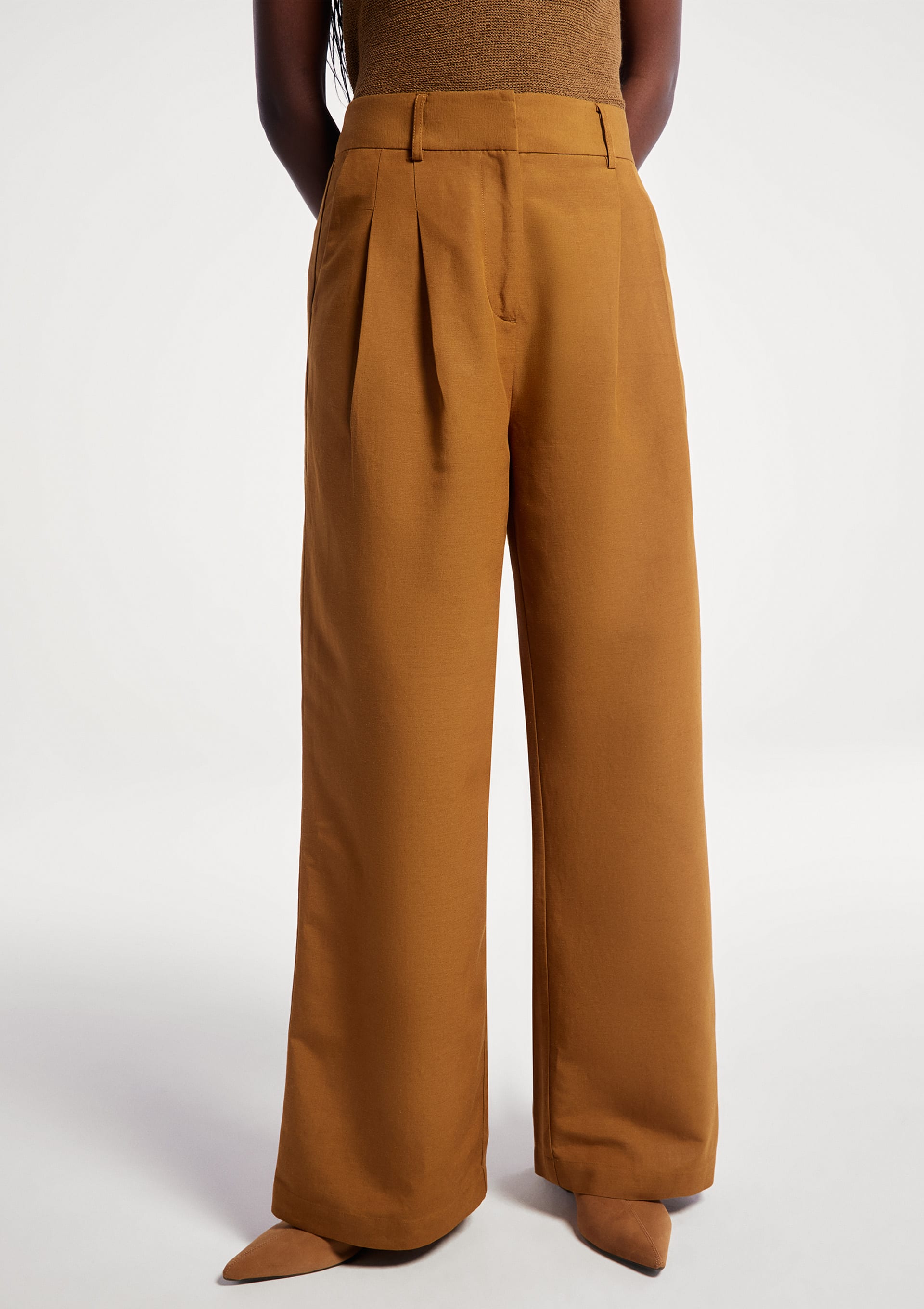 Calça Feminina Cintura Média Com Linho - Marrom