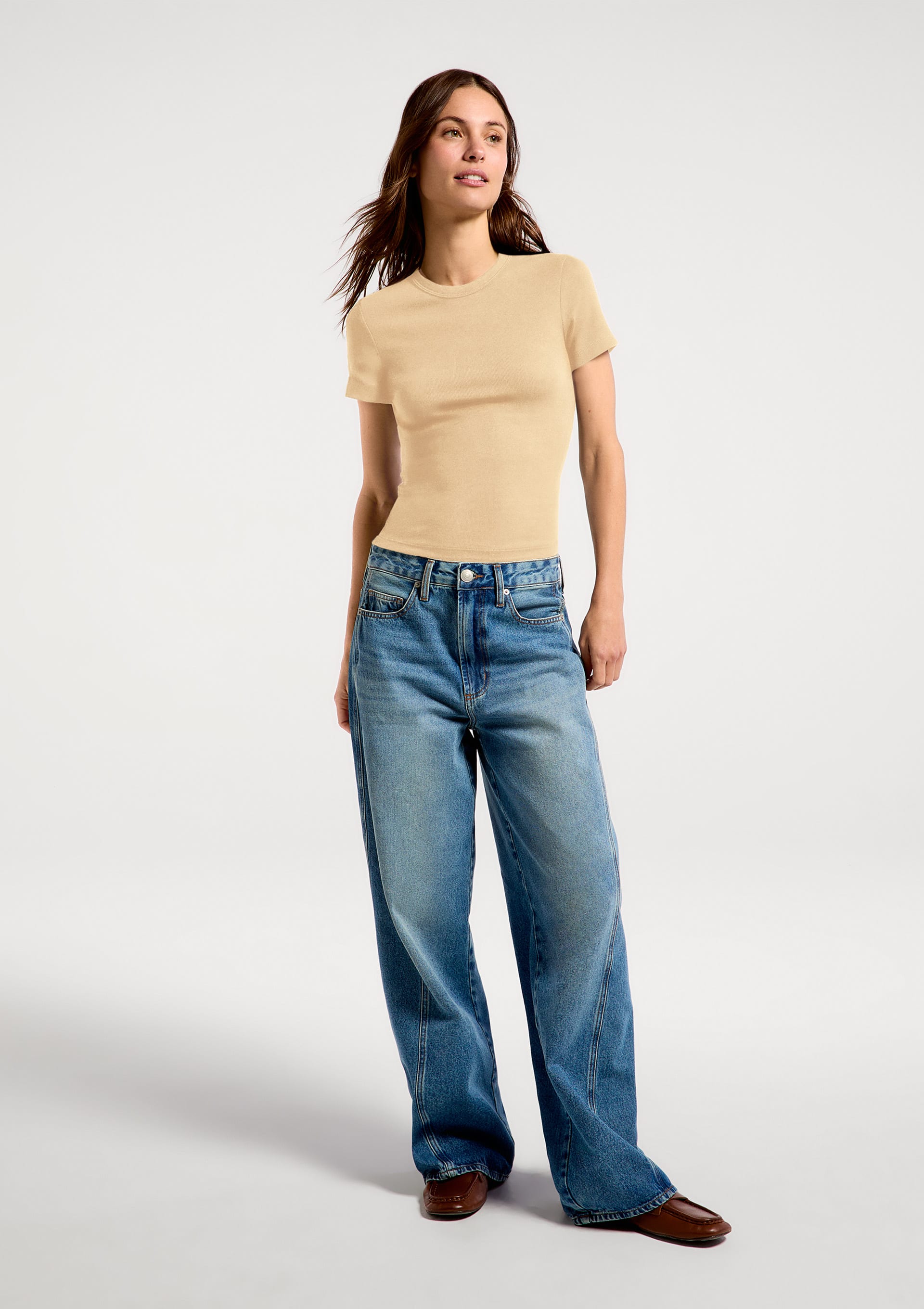 Blusa Feminina Manga Curta Slim Em Ribana - Bege